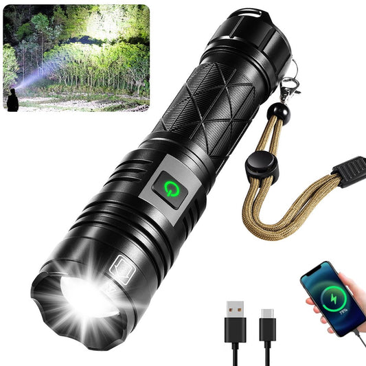 Rechargeable LED Flashlight, 90000 Lumens Super Bright Powerful LED Flashlight with 5 Modes, Waterproof Zoomable Tactical Flashlight for Emergency Camping Home